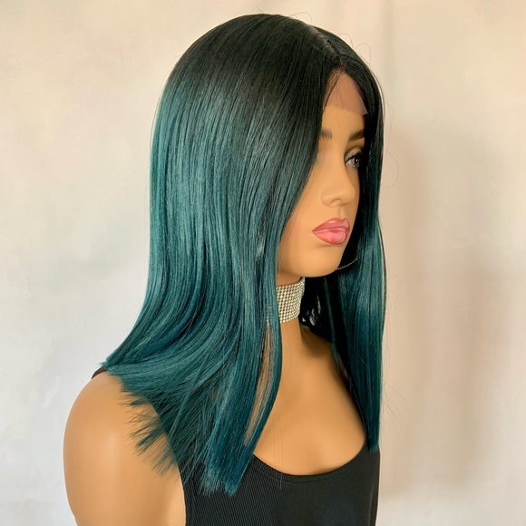 14” Ombre Green (hint of Blue) Premium Fiber Lace Front Wig - Picture 3 of 5